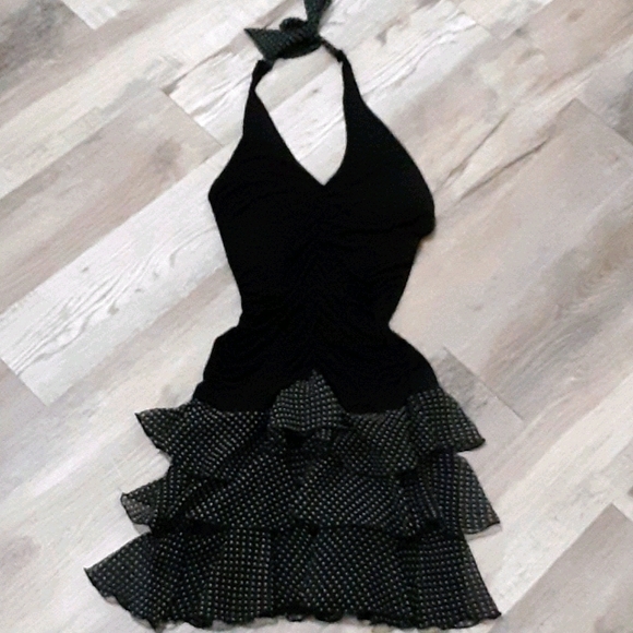 Simple Black Dress with Polka Dotted Ruffles - Picture 1 of 4